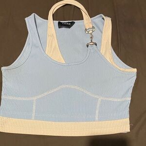 Cider Light Blue and Cream Ribbed Sports Bra